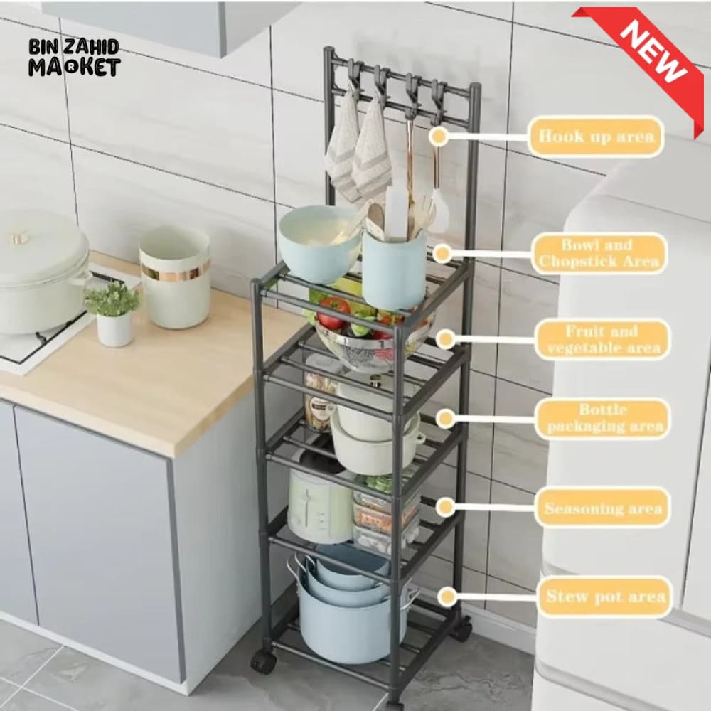 SLIM WHEELED STORAGE CART WITH HOOKS – TOOL-FREE SETUP