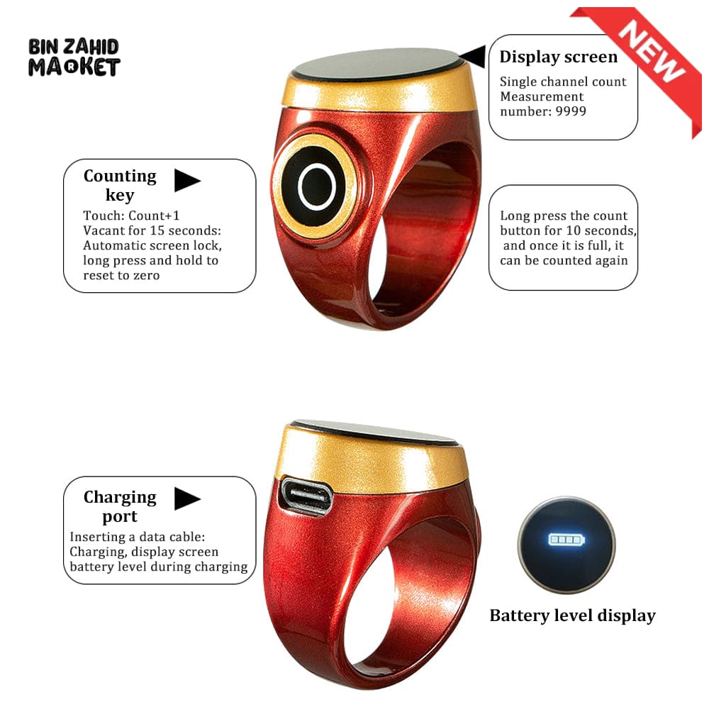 SMART WATERPROOF DIGITAL ZIKR TASBEEH RING – BLUETOOTH 5 PRAYER TIME REMINDER SMART WEARABLE COUNTER