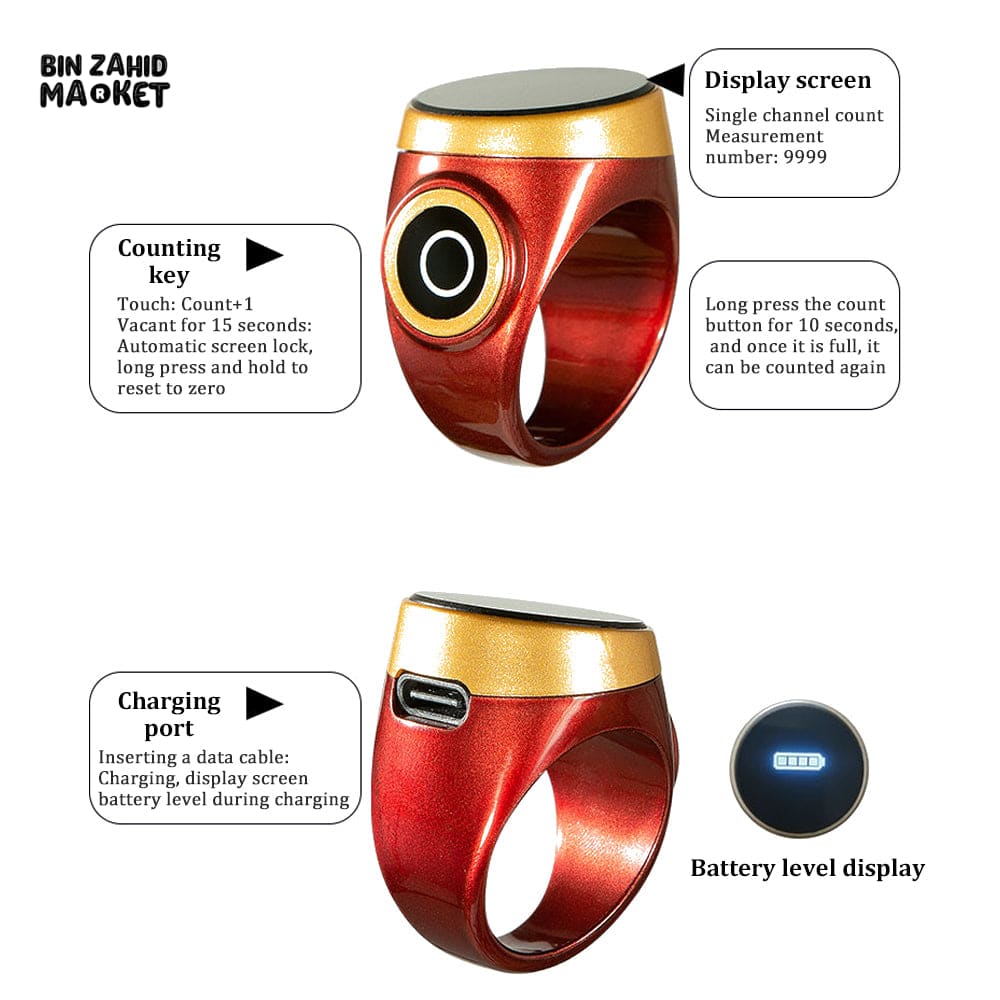 SMART WATERPROOF DIGITAL ZIKR TASBEEH RING – BLUETOOTH 5 PRAYER TIME REMINDER SMART WEARABLE COUNTER