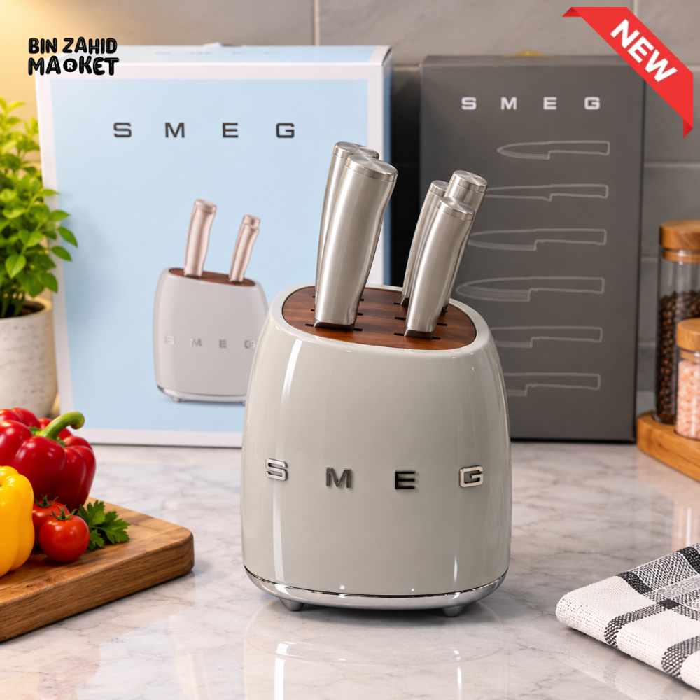 SMEG KNIFE BLOCK WITH KITCHEN KNIVES 6 PIECES - GRAY