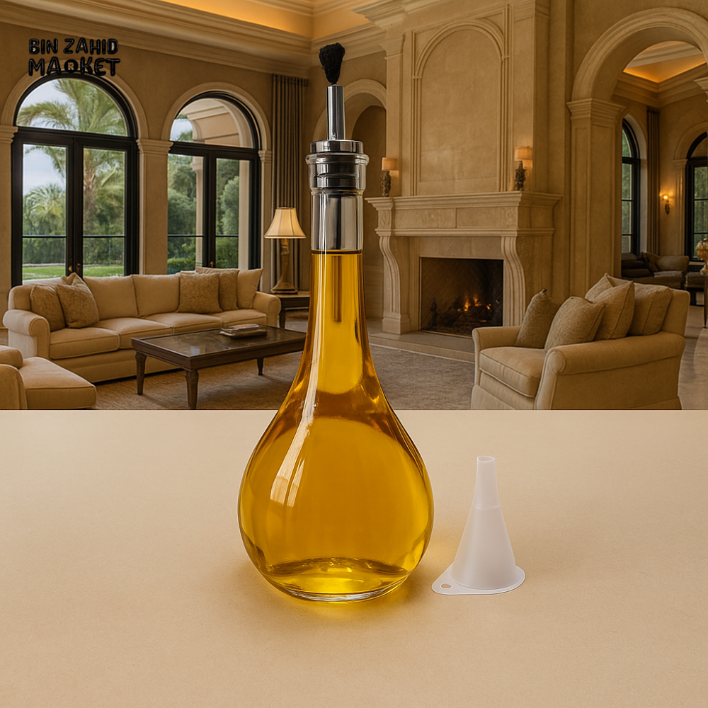 SNAIL SHAPE GLASS OIL BOTTLE – KITCHEN OLIVE OIL POURER WITH METAL SPOUT & FUNNEL KY220