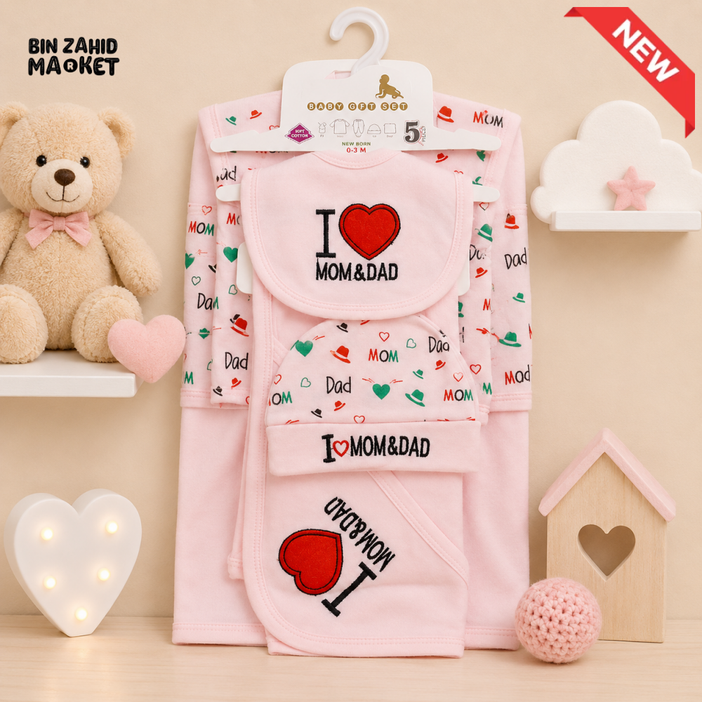 SOPHIE & STEPHIE 5 PCS NEWBORN BABY GIFT SET – I LOVE MOM & DAD DESIGN (PINK)