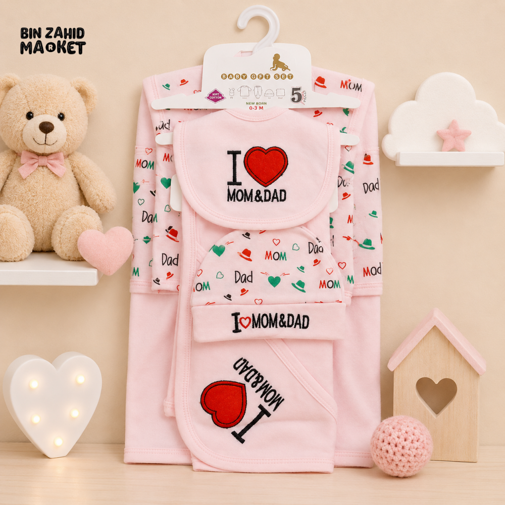 SOPHIE & STEPHIE 5 PCS NEWBORN BABY GIFT SET – I LOVE MOM & DAD DESIGN (PINK)