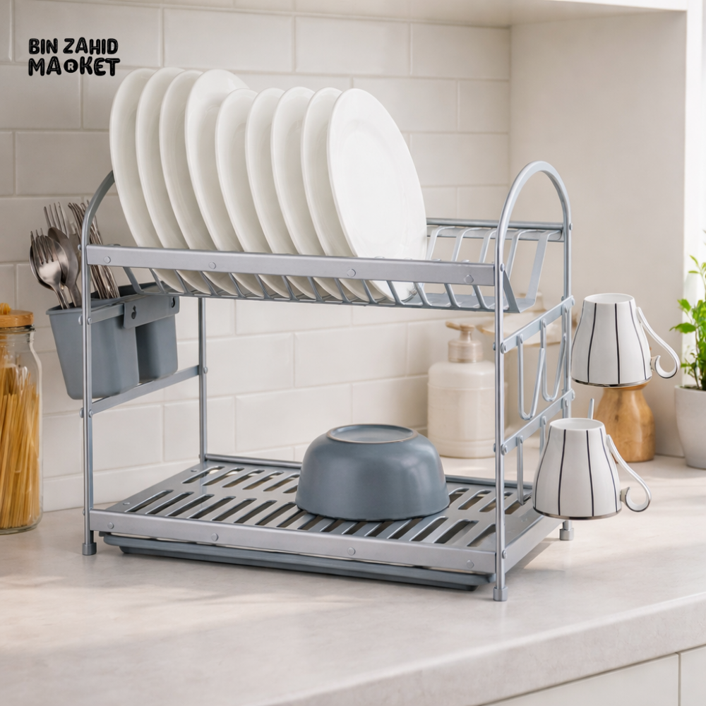 SPACE-SAVING ALUMINIUM 2 TIERS KITCHEN DISH DRAIN RACK – PREMIUM UTENSIL HOLDER