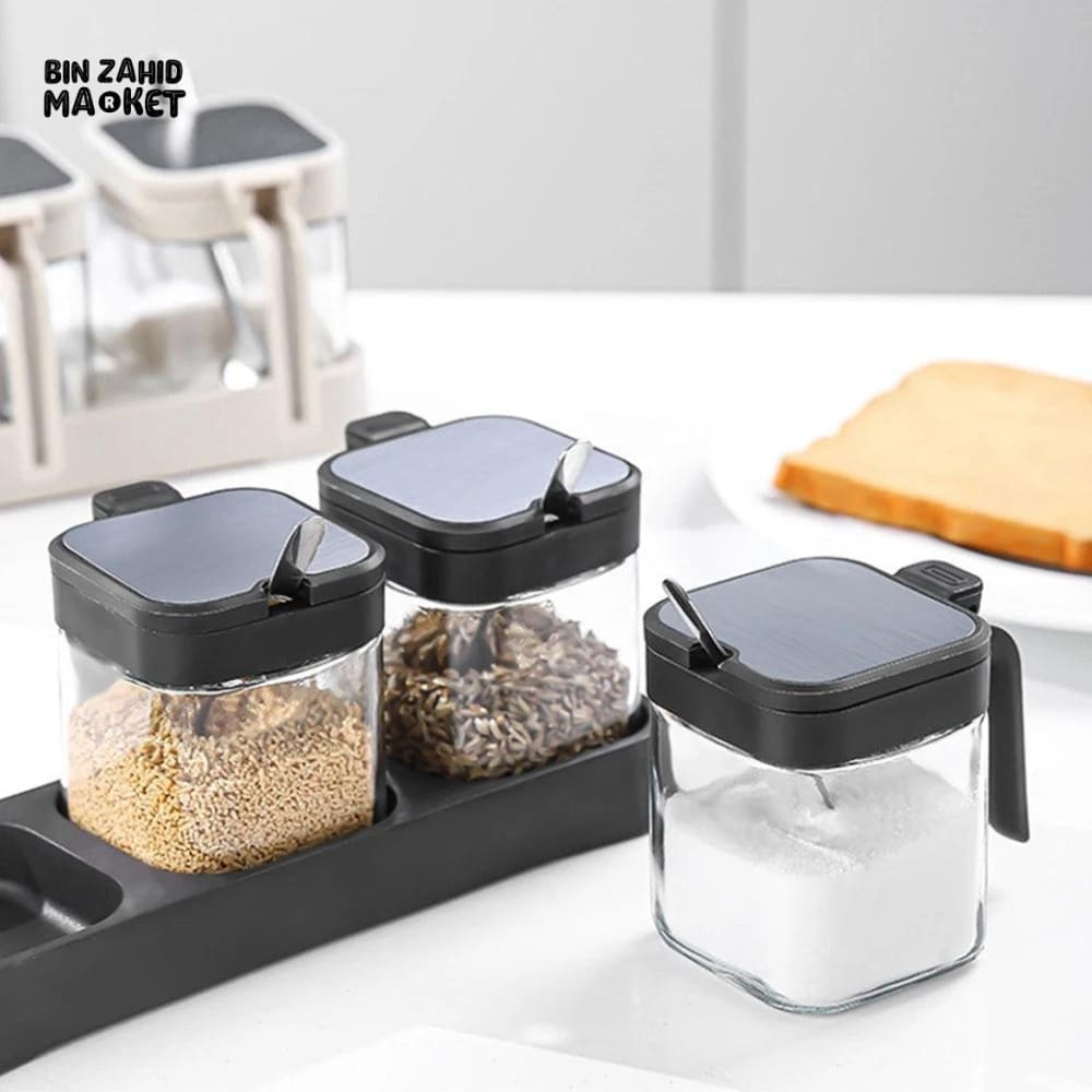 SPICE JAR SET WITH SPOON & TRAY – KITCHEN SEASONING CONTAINER SET