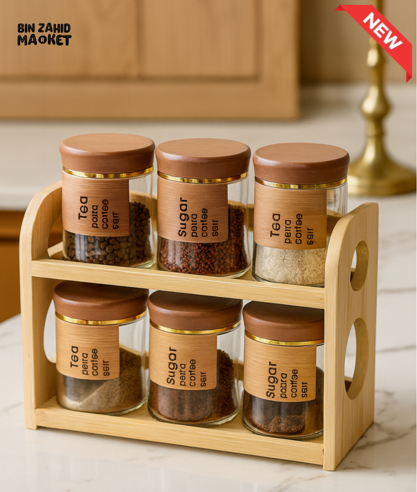 SPICE JAR SET WITH WOODEN RACK 7 PIECES SET – TRANSPARENT SEASONING CONTAINERS WITH BAMBOO LIDS FOR KITCHEN STORAGE &