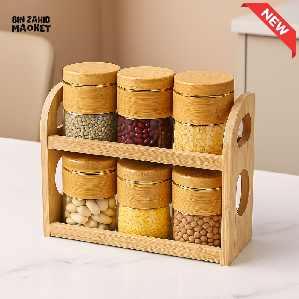 SPICE JAR SET WITH WOODEN RACK 7 PIECES SET – TRANSPARENT SEASONING CONTAINERS WITH BAMBOO LIDS FOR KITCHEN STORAGE &