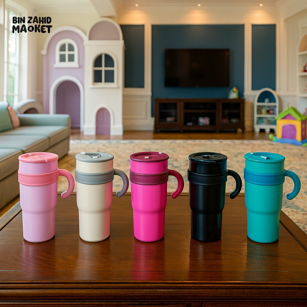 SPILL-PROOF TRAVEL MUG SET – COLORFUL HANDLE CUPS FOR KIDS & ADULTS – PORTABLE INSULATED DRINKWARE