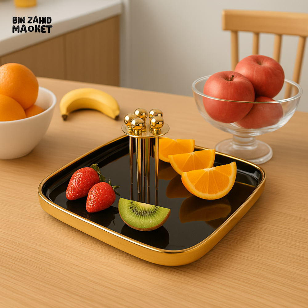 SQUARE FRUIT TRAY WITH GOLDEN PICKS - BLACK ZQ-106