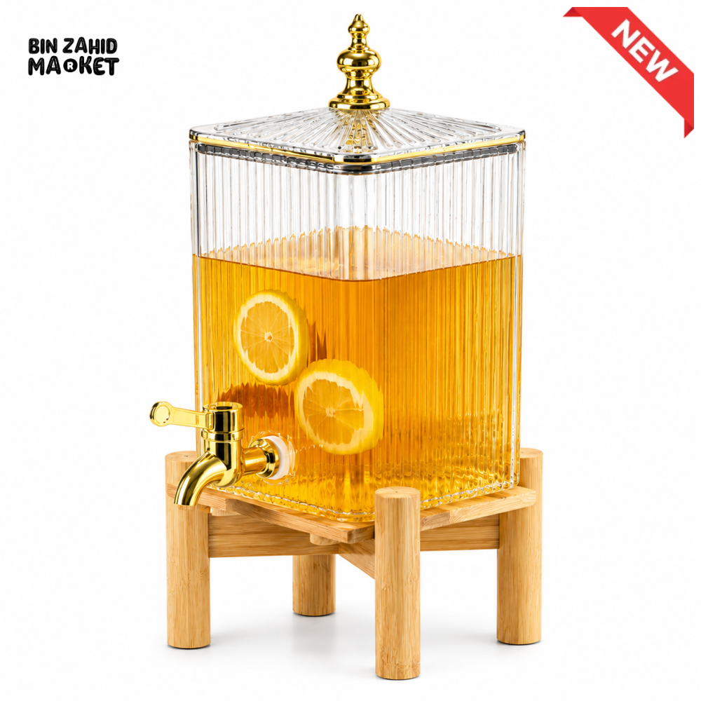 SQUARE RIBBED GLASS BEVERAGE DISPENSER WITH BAMBOO STAND & GOLD FAUCET - 4.2 LITER