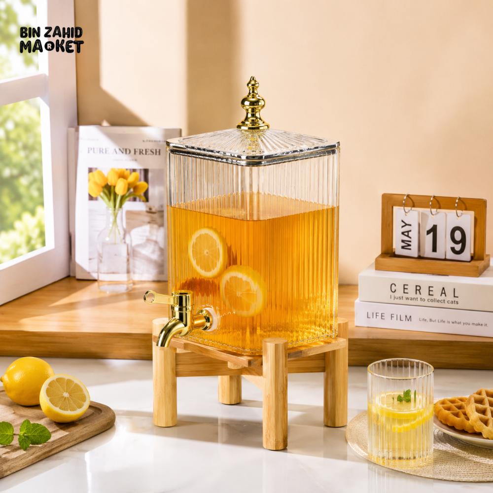 SQUARE RIBBED GLASS BEVERAGE DISPENSER WITH BAMBOO STAND & GOLD FAUCET - 4.2 LITER