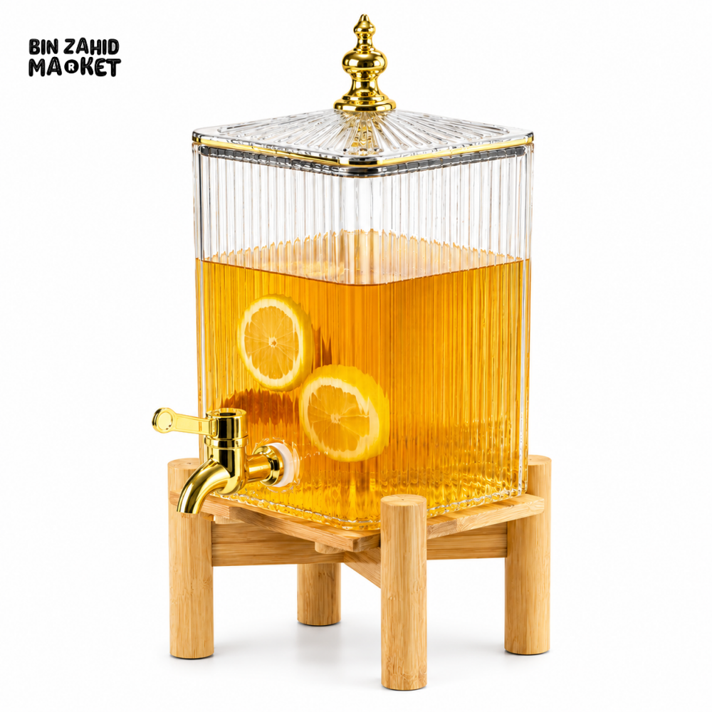 SQUARE RIBBED GLASS BEVERAGE DISPENSER WITH BAMBOO STAND & GOLD FAUCET - 4.2 LITER