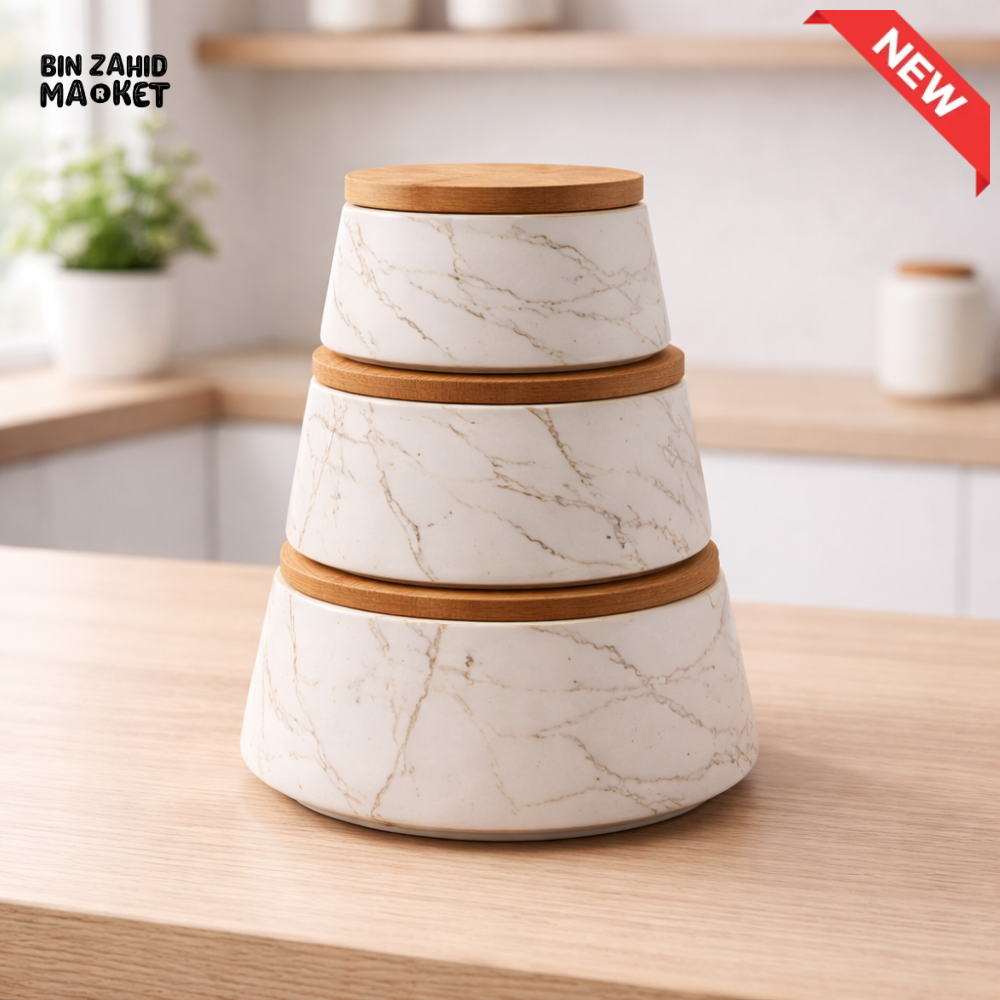 STACKABLE CERAMIC STORAGE JAR SET WITH BAMBOO LIDS – MARBLE STYLE KITCHEN CONTAINERS
