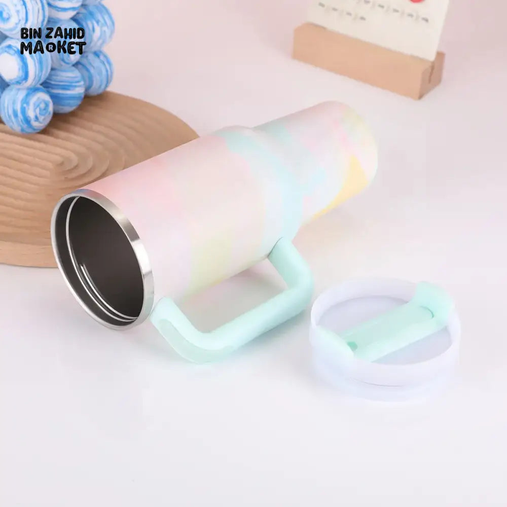 STAINLESS STEEL 304 40 0Z THERMOS CUP WITH HANDLE SECOND GENERATION PAINTED CAR CUP PORTABLE ICE CUP FOR OUTDOOR USE - QUARTZ WOOD GRAIN