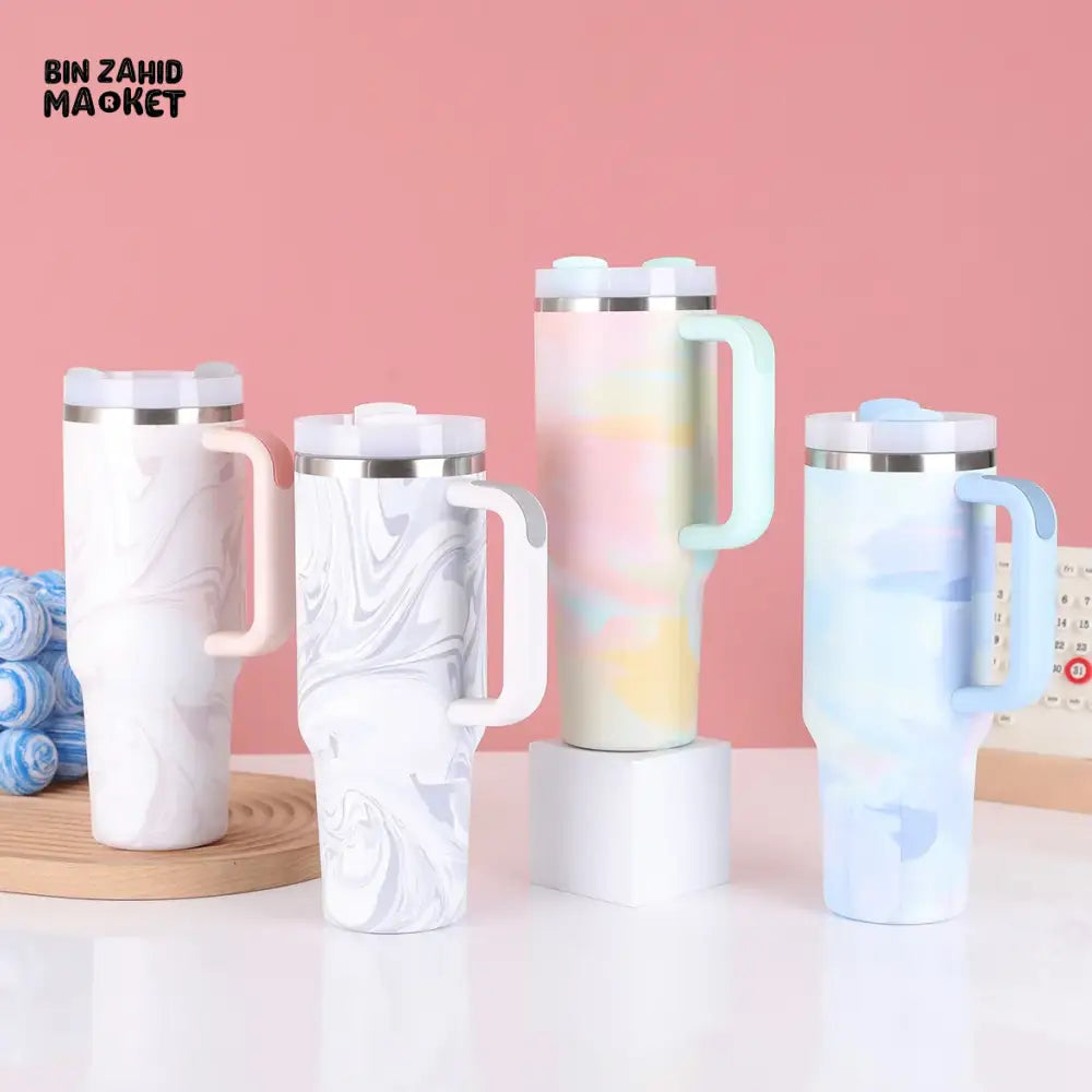 STAINLESS STEEL 304 40 0Z THERMOS CUP WITH HANDLE SECOND GENERATION PAINTED CAR CUP PORTABLE ICE CUP FOR OUTDOOR USE - WHITE WOOD GRAIN