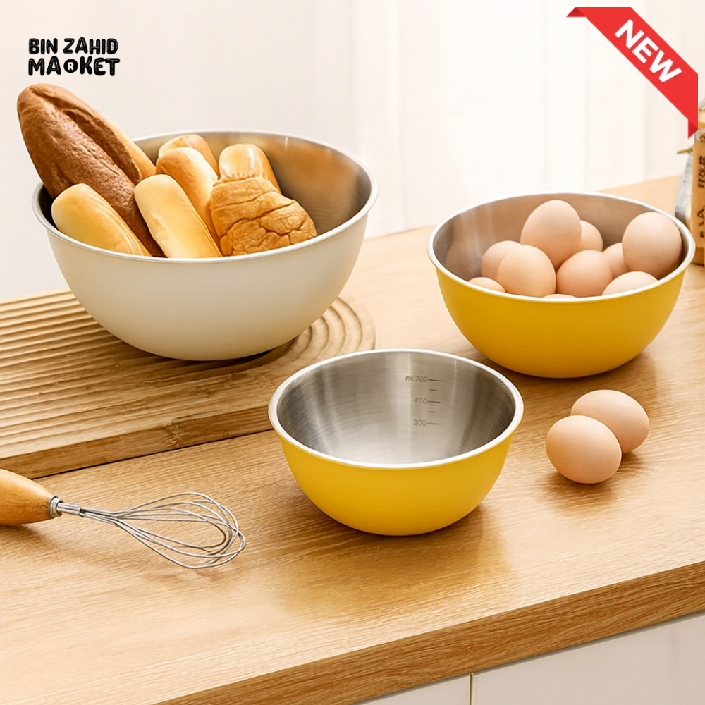 STAINLESS STEEL BAKING & MIXING BOWLS – FOOD GRADE KITCHEN SET WITH SCALE MARKINGS KOREAN INS STYLE SALAD & EGG BEATING