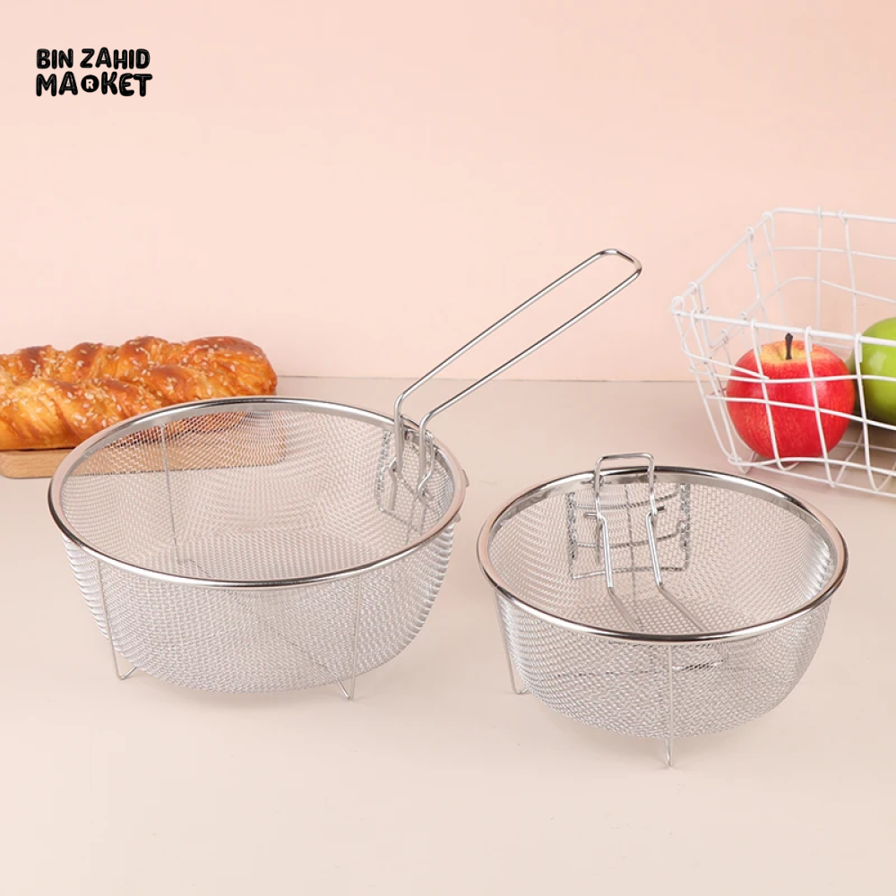 STAINLESS STEEL FRENCH FRY STRAINER BASKET – ROUND DEEP FRY MESH WITH HANDLE
