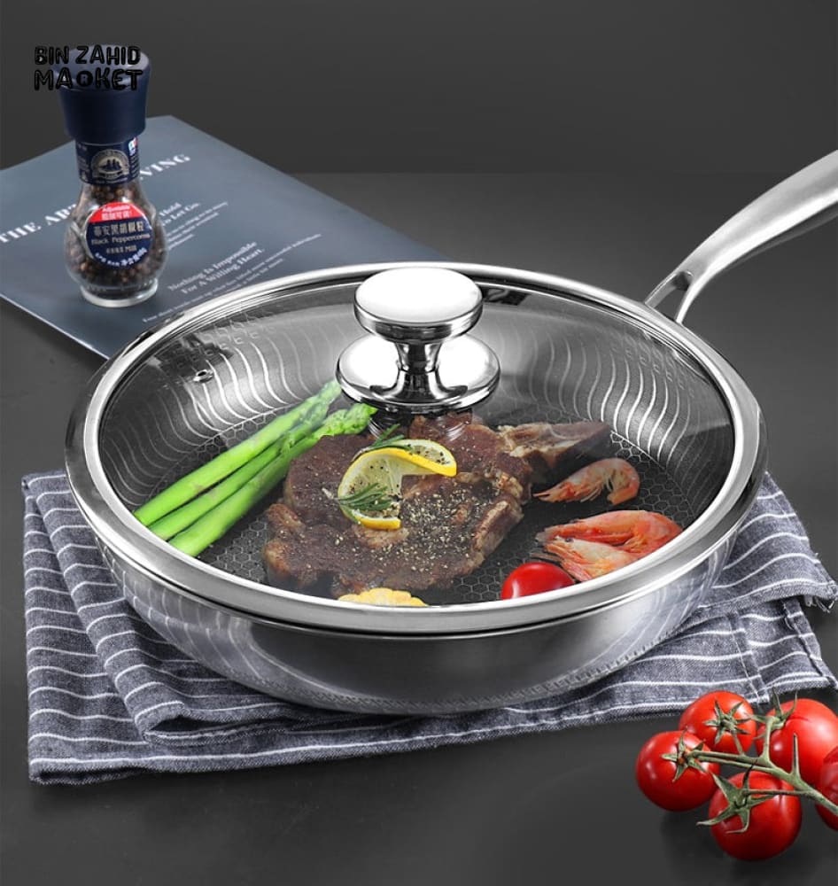 STAINLESS STEEL HONEY-COMB LASER COATED FRYING PAN WITH HEAVY BASE