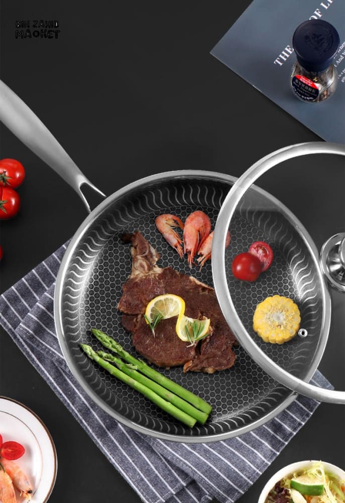 STAINLESS STEEL HONEY-COMB LASER COATED FRYING PAN WITH HEAVY BASE