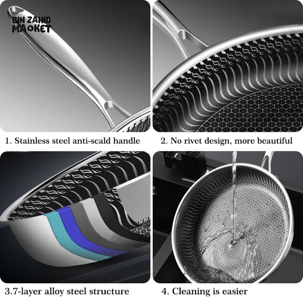 STAINLESS STEEL HONEY-COMB LASER COATED FRYING PAN WITH HEAVY BASE