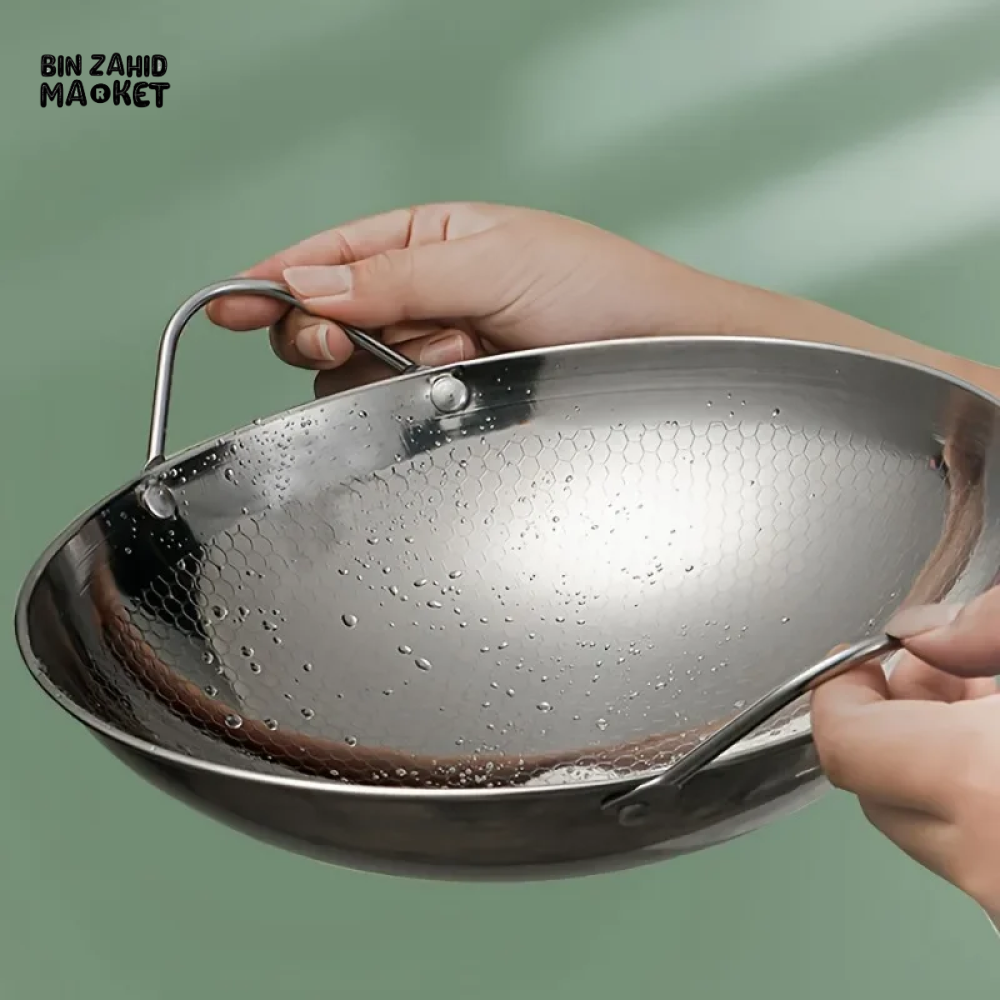 STAINLESS STEEL HONEYCOMB SKILLET – NON-STICK SCRATCH-RESISTANT FRYING PAN WITH HANDLE FOR PASTA STEAK & RAMEN - 29 CM