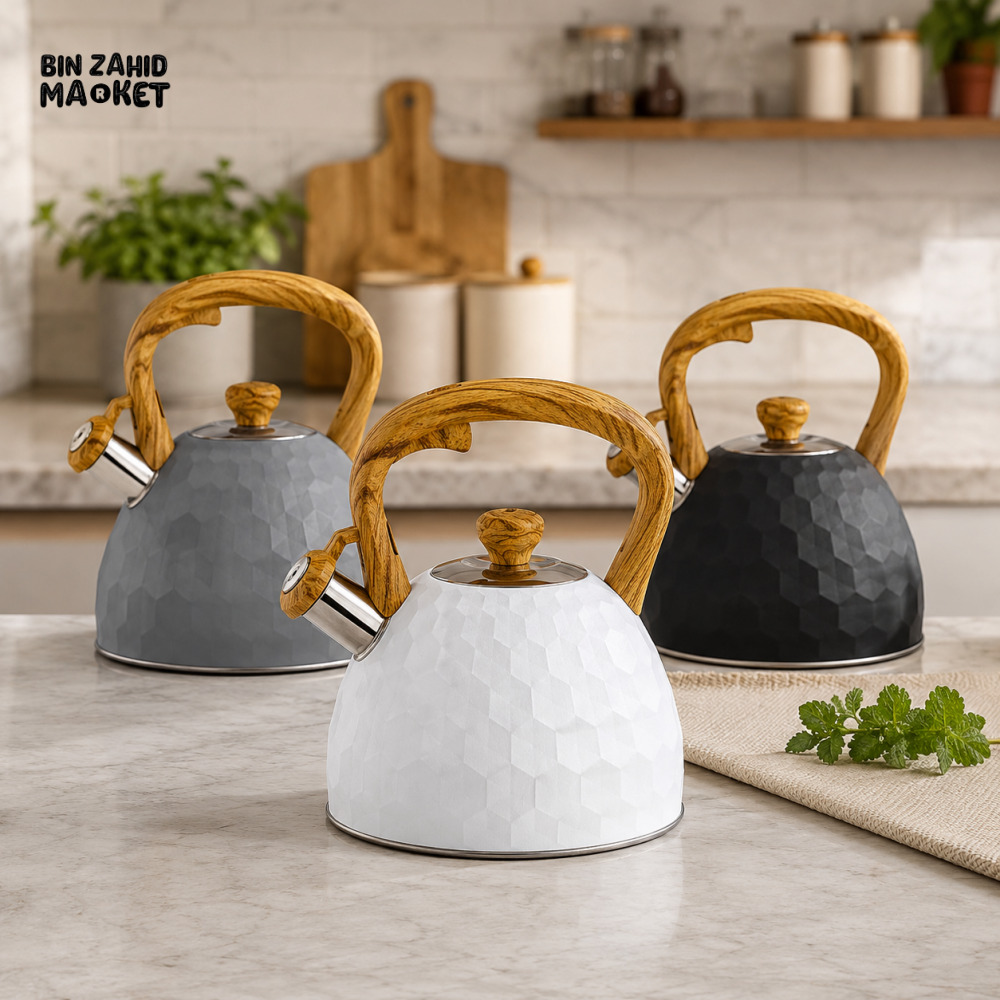 STAINLESS STEEL HONEYCOMB WHISTLING TEA KETTLE WITH WOOD-GRAIN HANDLE 3.0LTR