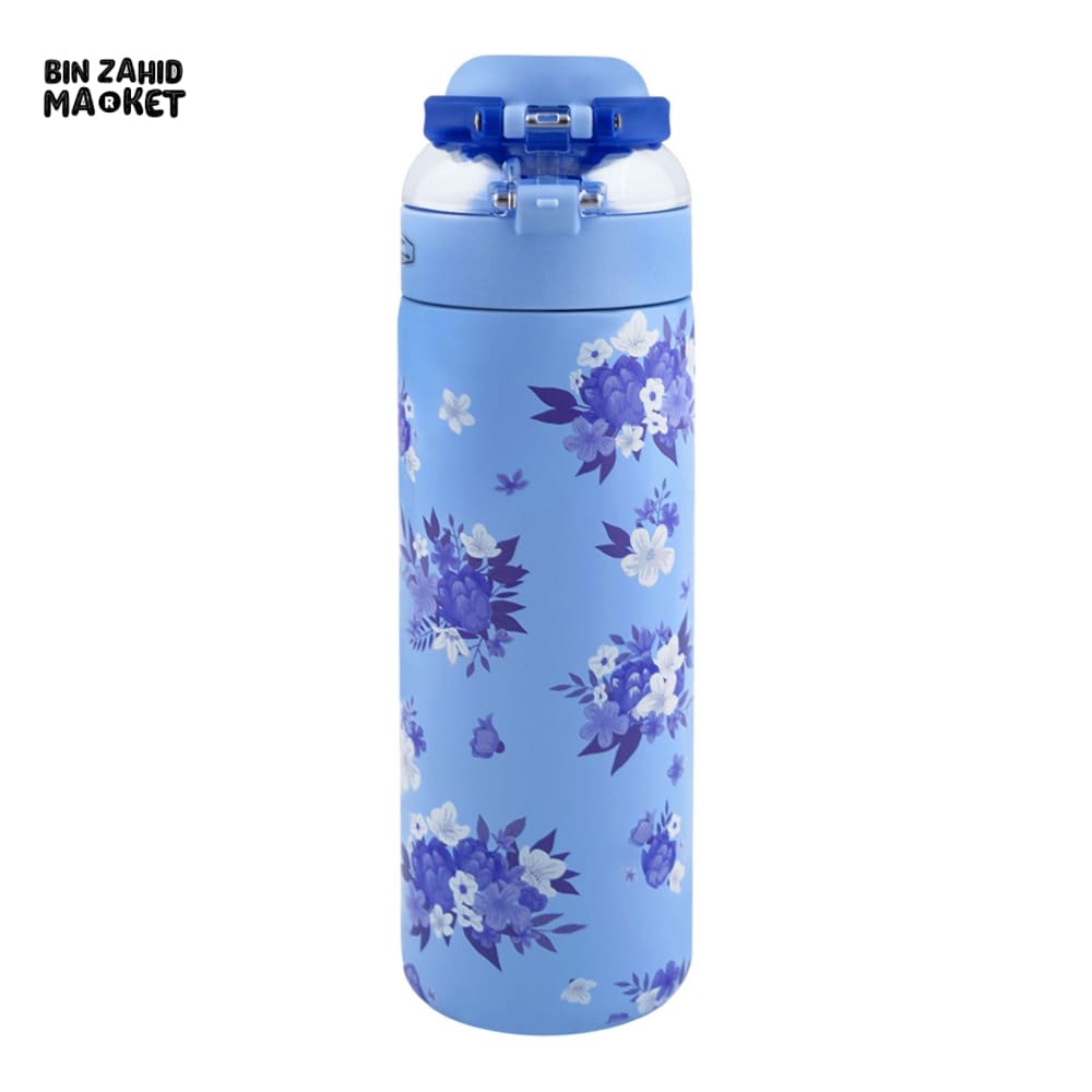 STAINLESS STEEL INSULATED FLOWER PRINT DUAL CAP WATER BOTTLE 700ML - BLUE