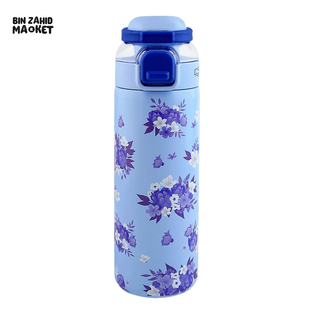 STAINLESS STEEL INSULATED FLOWER PRINT DUAL CAP WATER BOTTLE 700ML - BLUE