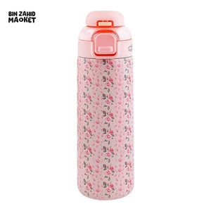 STAINLESS STEEL INSULATED FLOWER PRINT DUAL CAP WATER BOTTLE 700ML - LIGHT PINK