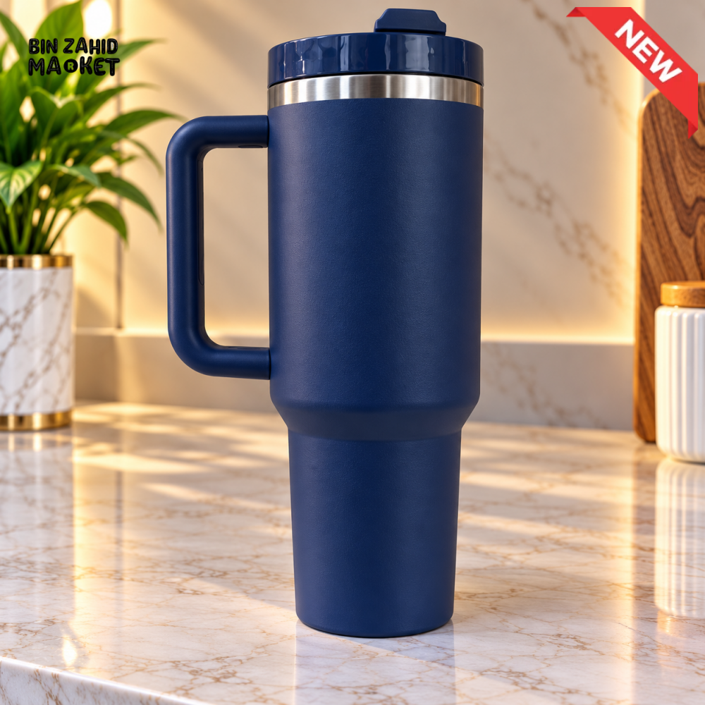 STAINLESS STEEL INSULATED TRAVEL TUMBLER WITH HANDLE – NAVY BLUE 40OZ