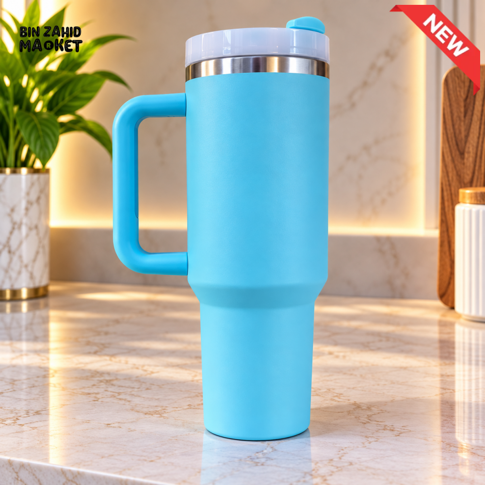 STAINLESS STEEL INSULATED TRAVEL TUMBLER WITH HANDLE – SKY BLUE 40OZ