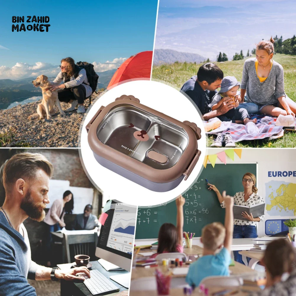 STAINLESS STEEL LUNCH BOX – MICROWAVABLE FOOD STORAGE PORTABLE THERMOS WITH DIVIDERS PERFECT FOR ADULTS & KIDS IDEAL FOR SCHOOL OFFICE & TRAVEL