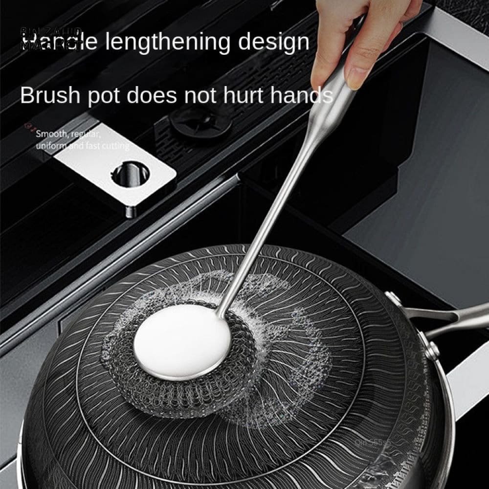 STAINLESS STEEL POT BRUSH WITH LONG HANDLE – HANGING HOUSEHOLD KITCHEN CLEANING TOOL WITH REPLACEMENT STEEL BALL FOR DISHWASHING