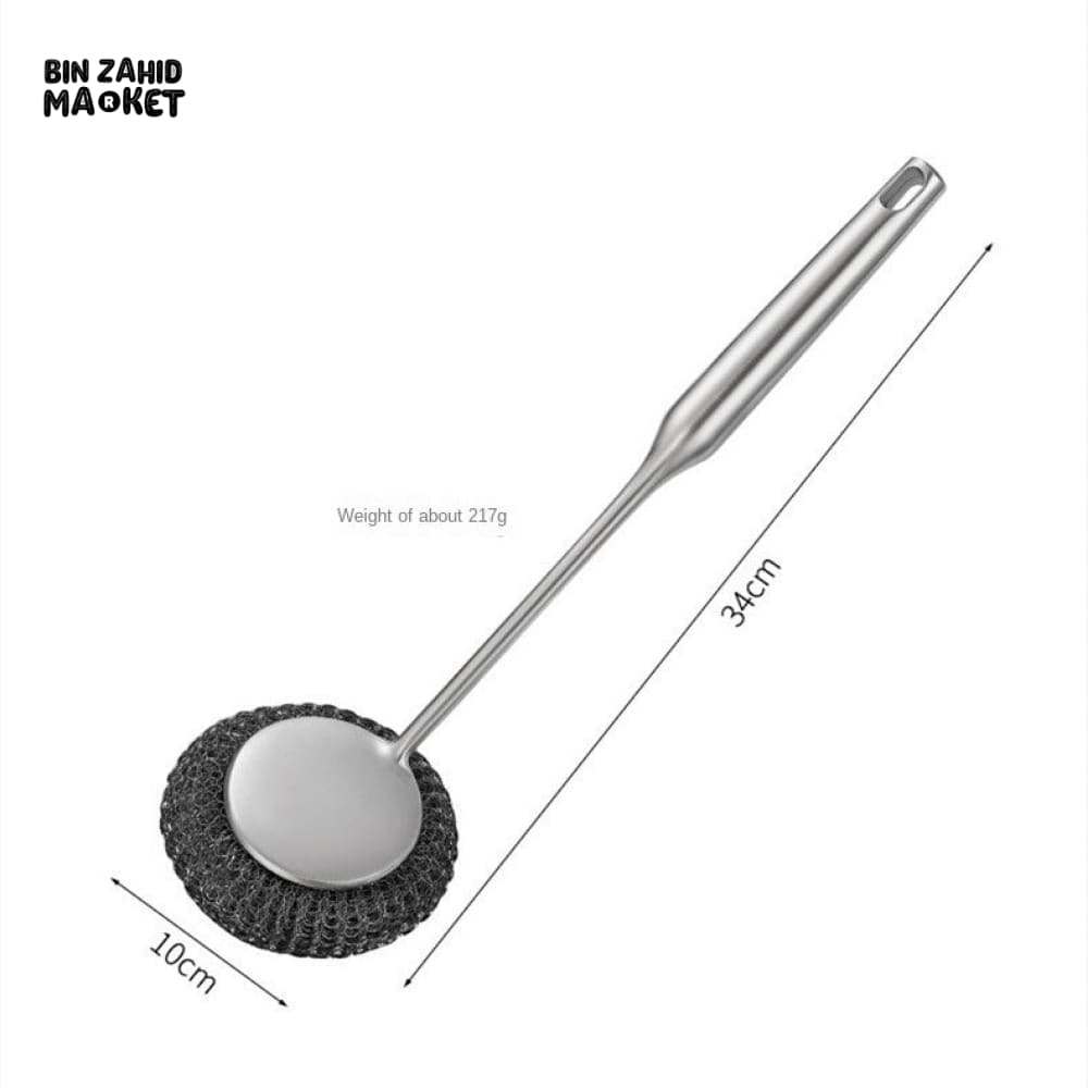 STAINLESS STEEL POT BRUSH WITH LONG HANDLE – HANGING HOUSEHOLD KITCHEN CLEANING TOOL WITH REPLACEMENT STEEL BALL FOR DISHWASHING