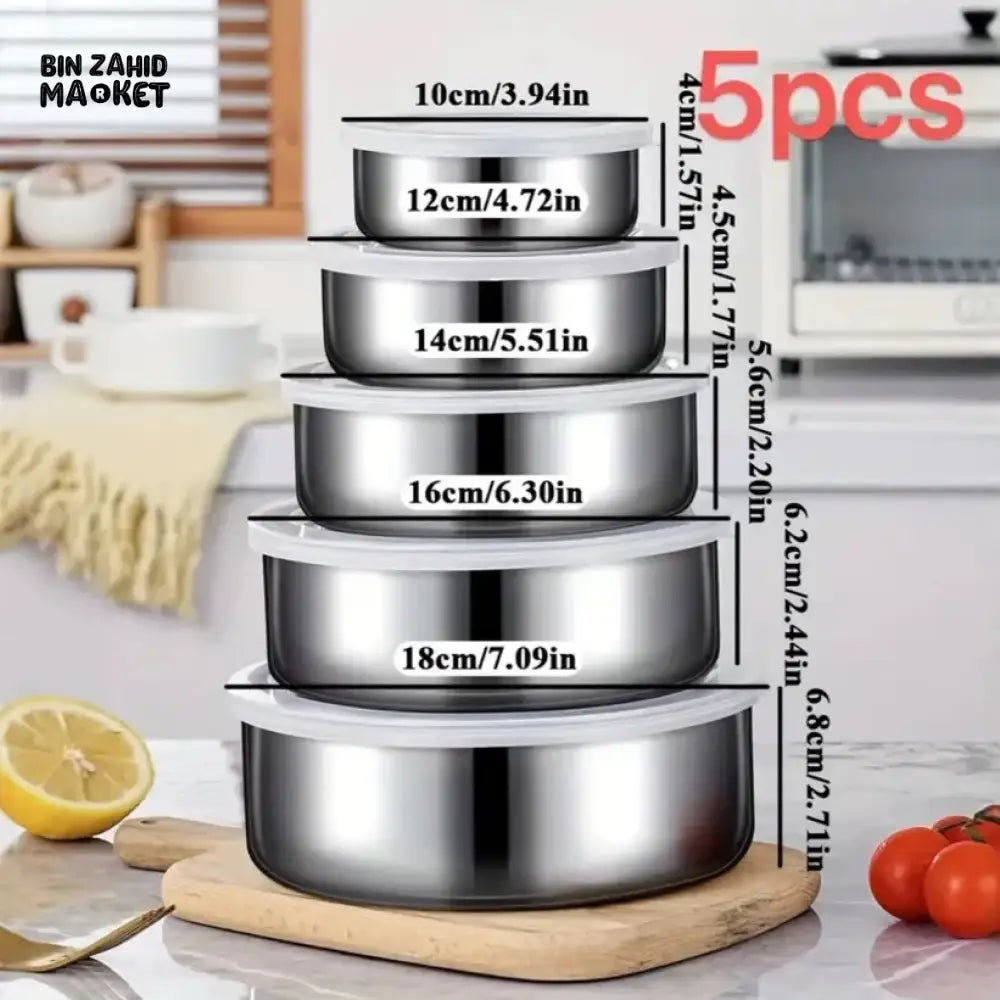 STAINLESS STEEL ROUND FOOD CONTAINERS – SET OF 5 HOUSEHOLD STORAGE BOXES FOR KITCHEN AND FRIDGE
