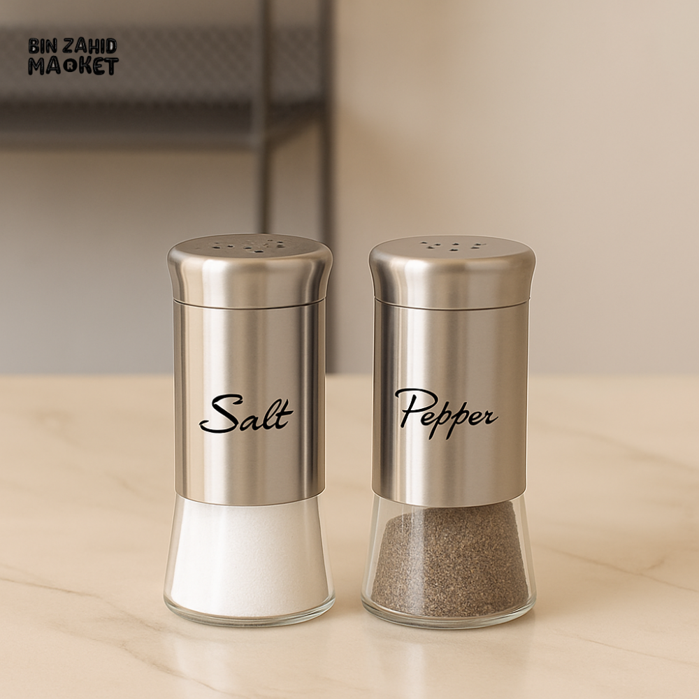STAINLESS STEEL SALT AND PEPPER SHAKERS – MODERN KITCHEN SEASONING SET WITH GLASS BASE