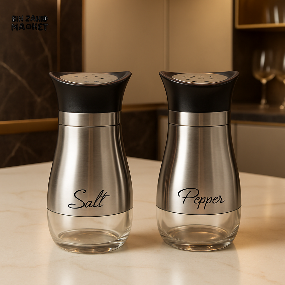 STAINLESS STEEL SALT AND PEPPER SHAKERS – MODERN SPICE DISPENSER SET WITH GLASS BASE AND BLACK LID