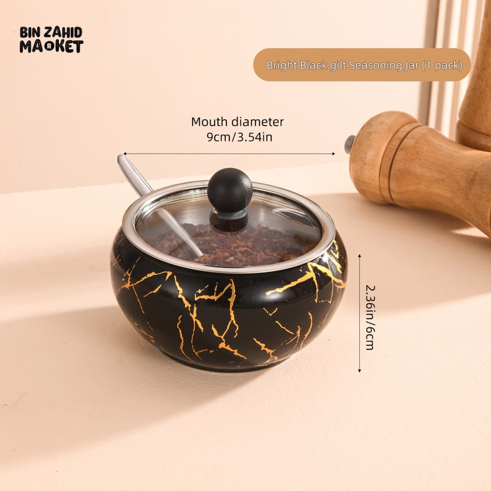 STAINLESS STEEL SEASONING JAR WITH SPOON & LID, SPICE SHAKER Black