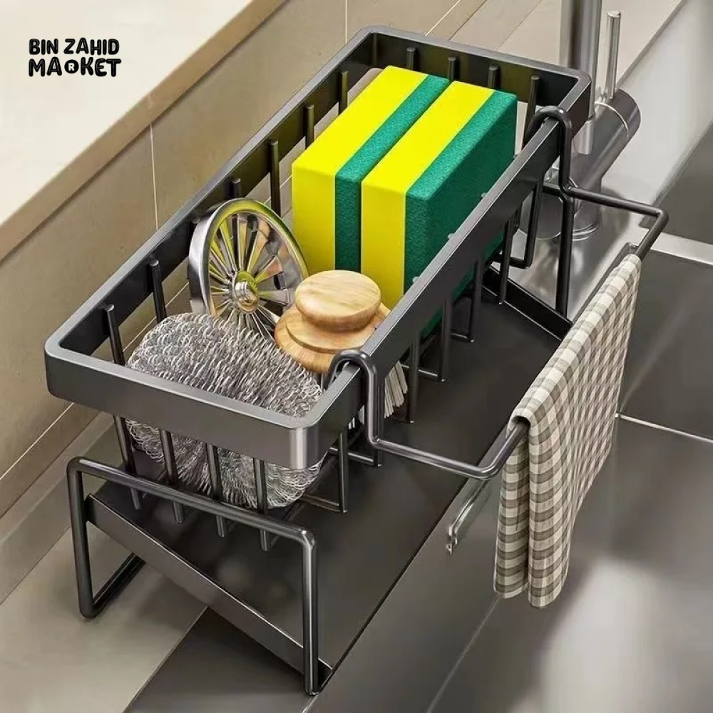 STAINLESS STEEL SINK DRAIN RACK – SPONGE HOLDER SOAP & TOWEL ORGANIZER