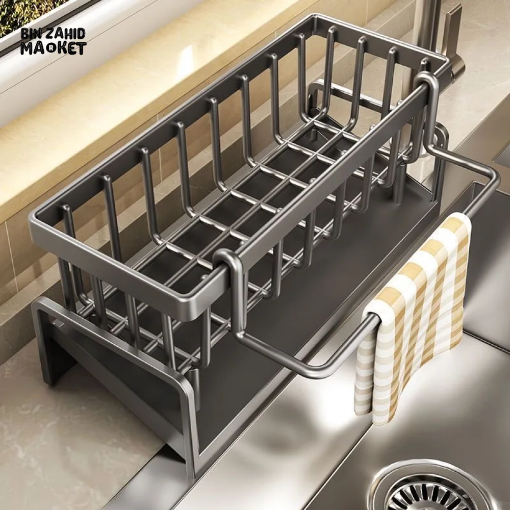 STAINLESS STEEL SINK DRAIN RACK – SPONGE HOLDER SOAP & TOWEL ORGANIZER