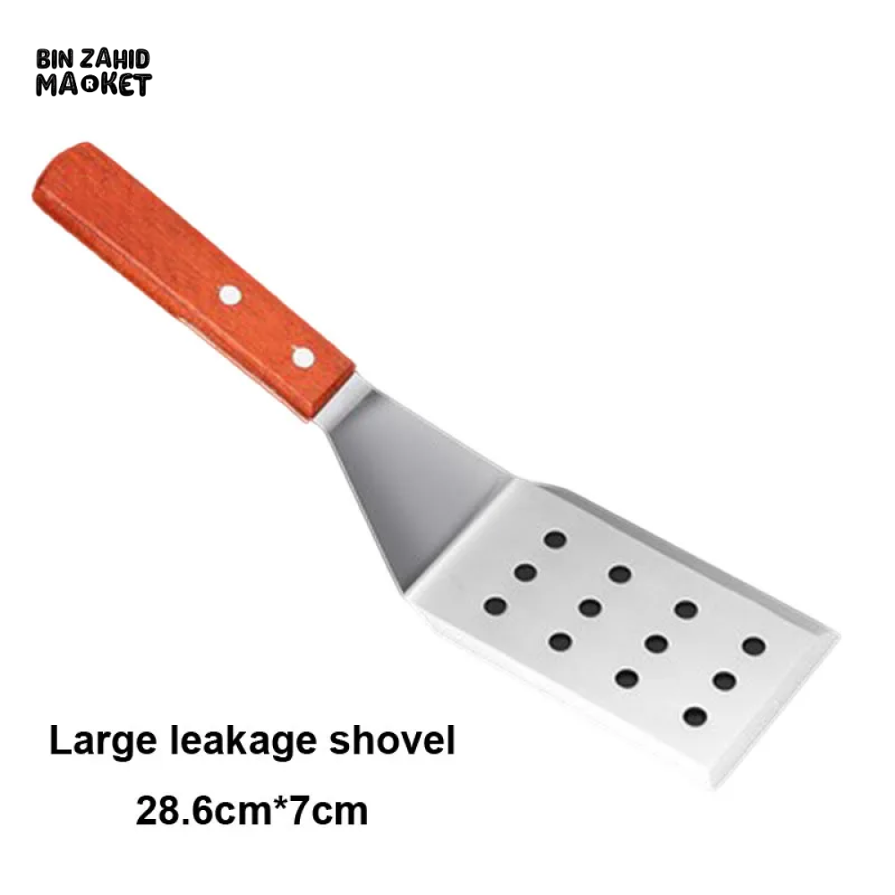 STAINLESS STEEL STEAK SPATULA WITH WOODEN HANDLE BBQ TURNER Large Leakage Shovel
