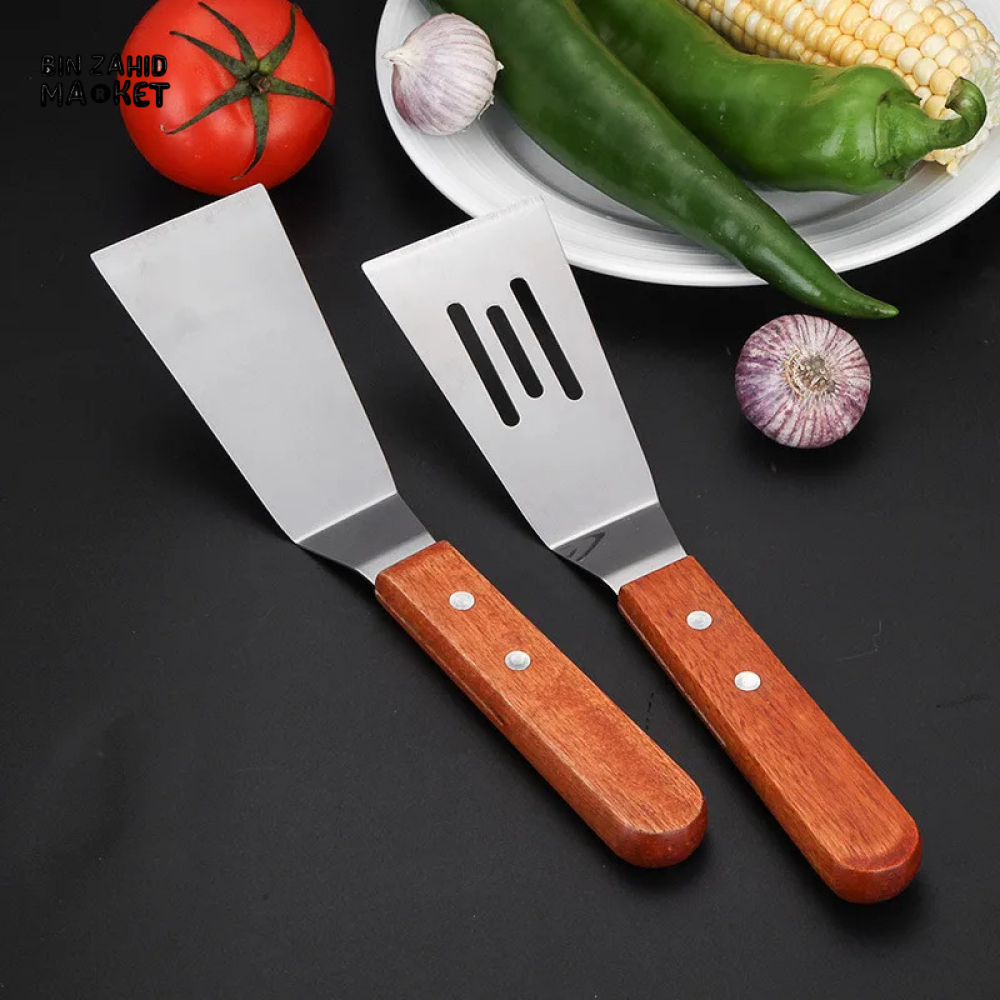 STAINLESS STEEL STEAK SPATULA WITH WOODEN HANDLE BBQ TURNER