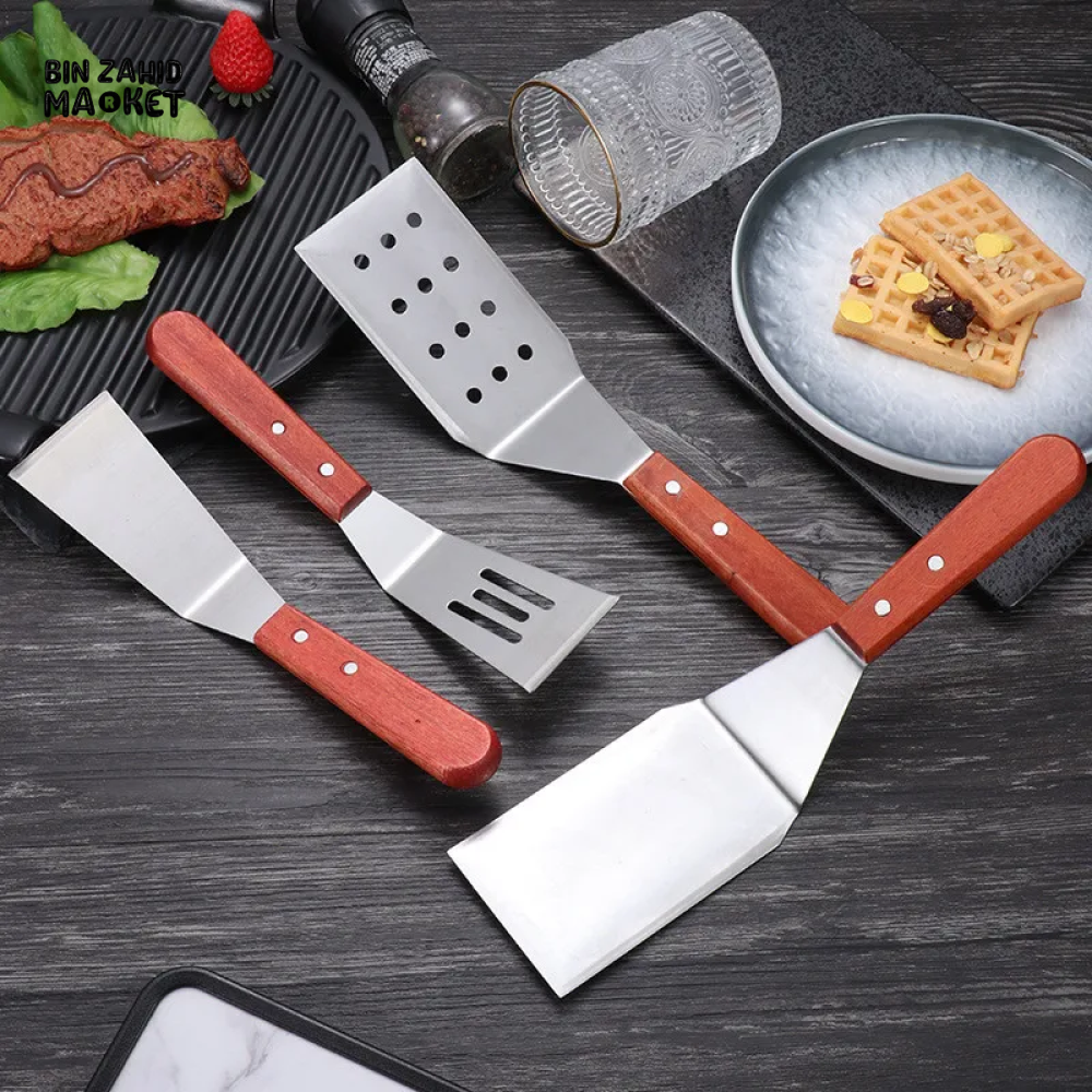 STAINLESS STEEL STEAK SPATULA WITH WOODEN HANDLE BBQ TURNER