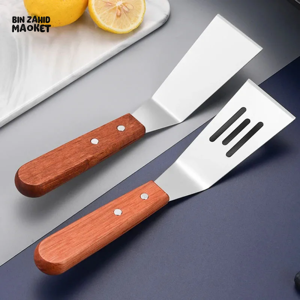 STAINLESS STEEL STEAK SPATULA WITH WOODEN HANDLE BBQ TURNER