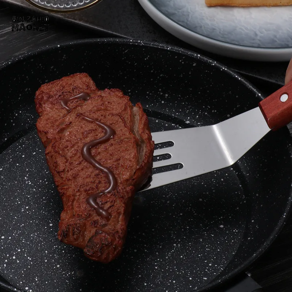 STAINLESS STEEL STEAK SPATULA WITH WOODEN HANDLE BBQ TURNER