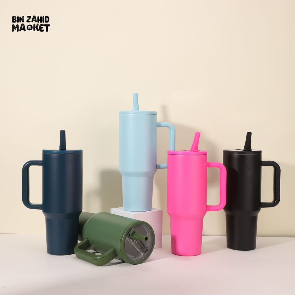 STAINLESS STEEL TUMBLER 40 OZ – VACUUM INSULATED TRAVEL MUG WITH STRAW & HANDLE KEEPS DRINKS HOT & COLD BLUE