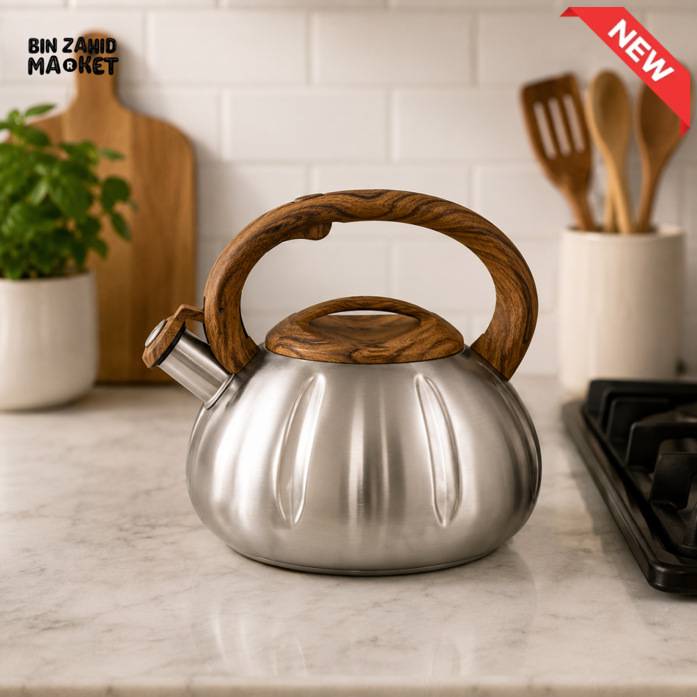 STAINLESS STEEL WHISTLING TEA KETTLE WITH WOOD-GRAIN HANDLE 3.0L