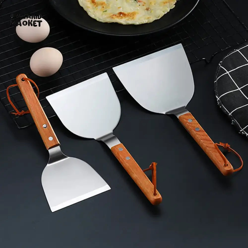 STAINLESS STEEL WOODEN HANDLE TEPPANYAKI SHOVEL NON-SLIP TURNER