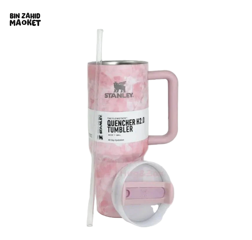 STANLEY 40OZ MARBLE PRINT TUMBLER – PREMIUM EDITION WITH HANDLE - LIGHT PINK