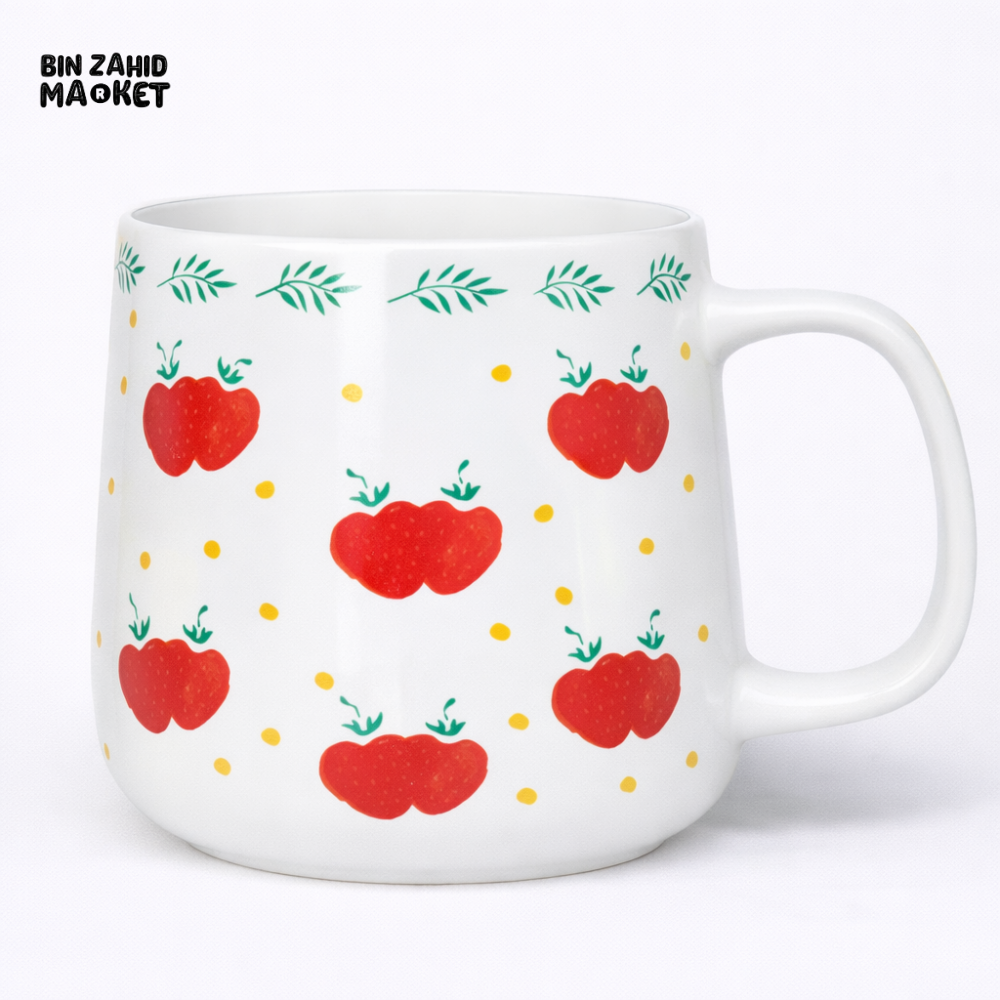 STRAWBERRY PRINT CERAMIC MUG – WHITE COFFEE & TEA CUP | CUTE FRUIT DESIGN